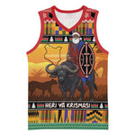 Afro Christmas in Kenya Safari Basketball Jersey Black Santa Riding Cape Buffalo - African Pride