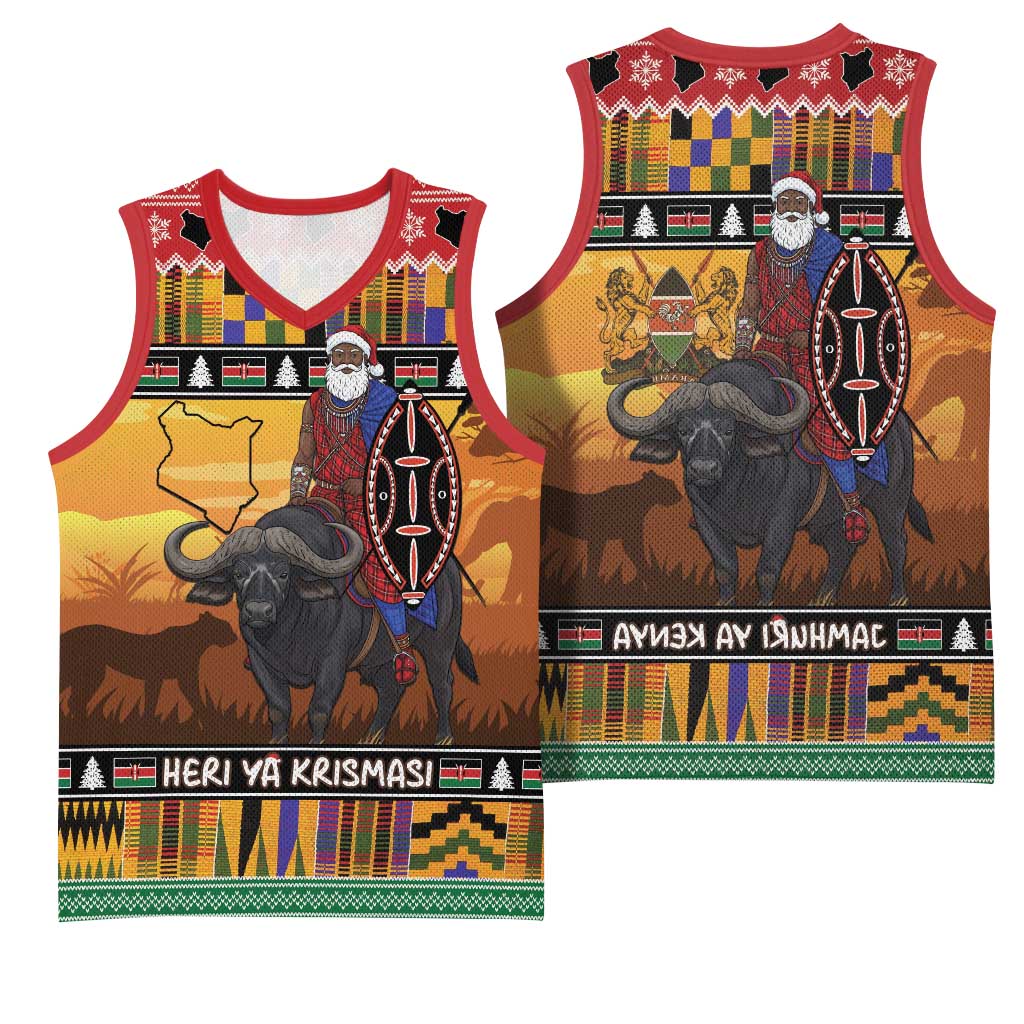 Afro Christmas in Kenya Safari Basketball Jersey Black Santa Riding Cape Buffalo - African Pride