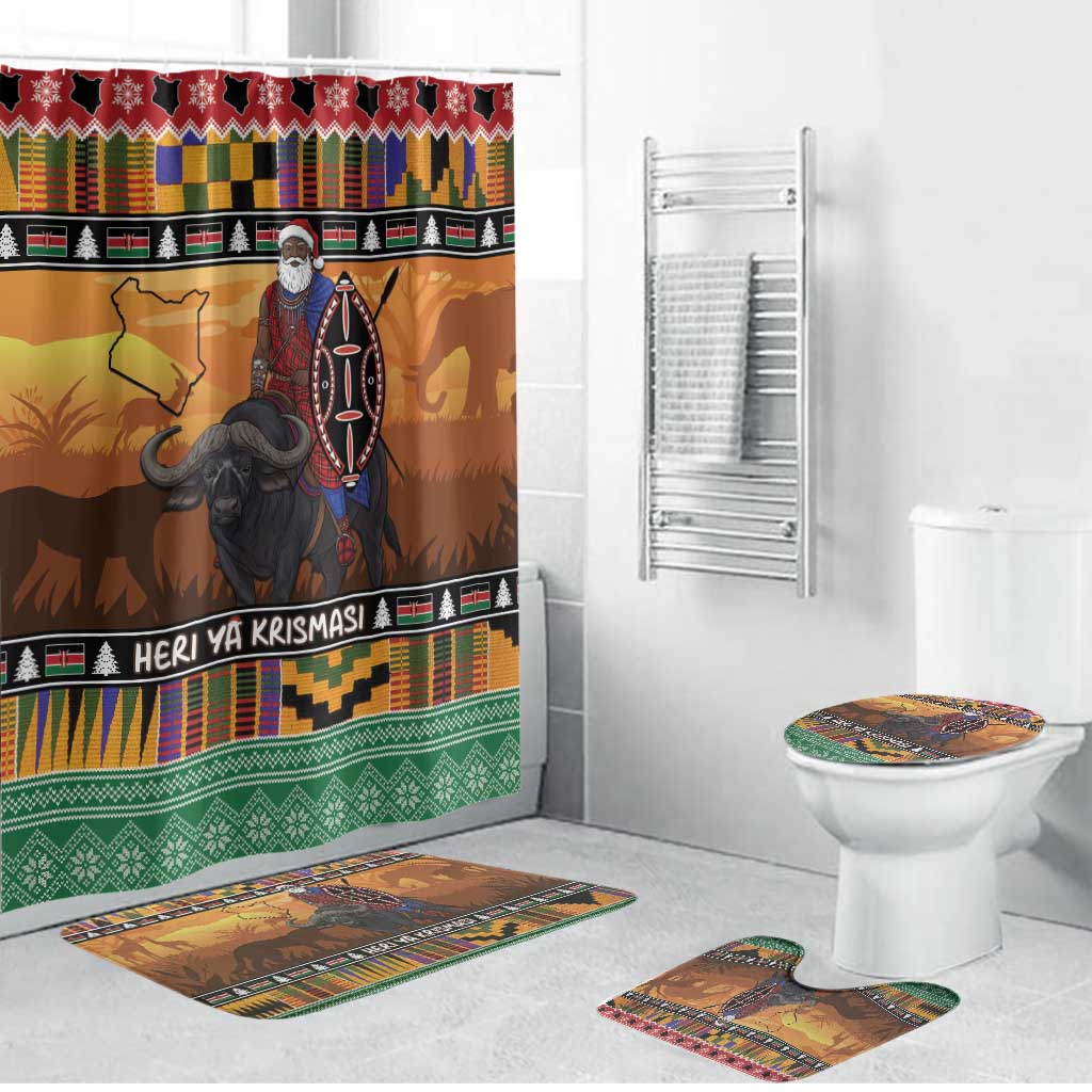 Kenya Safari Christmas Bathroom Set Black Santa Riding Cape Buffalo - Heri ya Krismasi