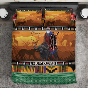 Afro Christmas in Kenya Safari Bedding Set Black Santa Riding Cape Buffalo - African Pride