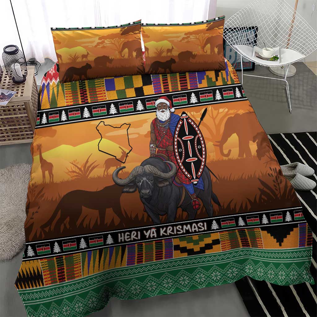 Afro Christmas in Kenya Safari Bedding Set Black Santa Riding Cape Buffalo - African Pride