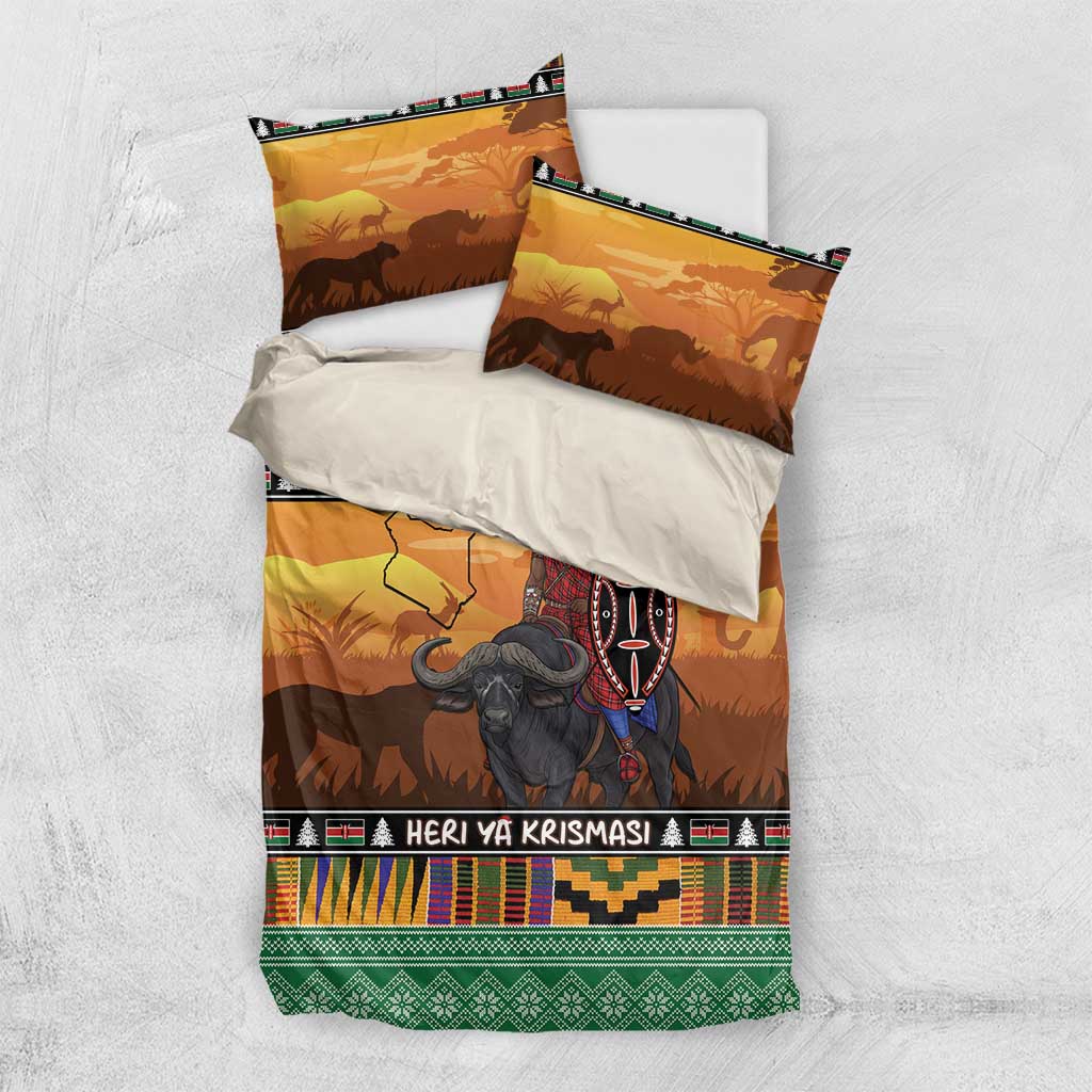 Afro Christmas in Kenya Safari Bedding Set Black Santa Riding Cape Buffalo - African Pride