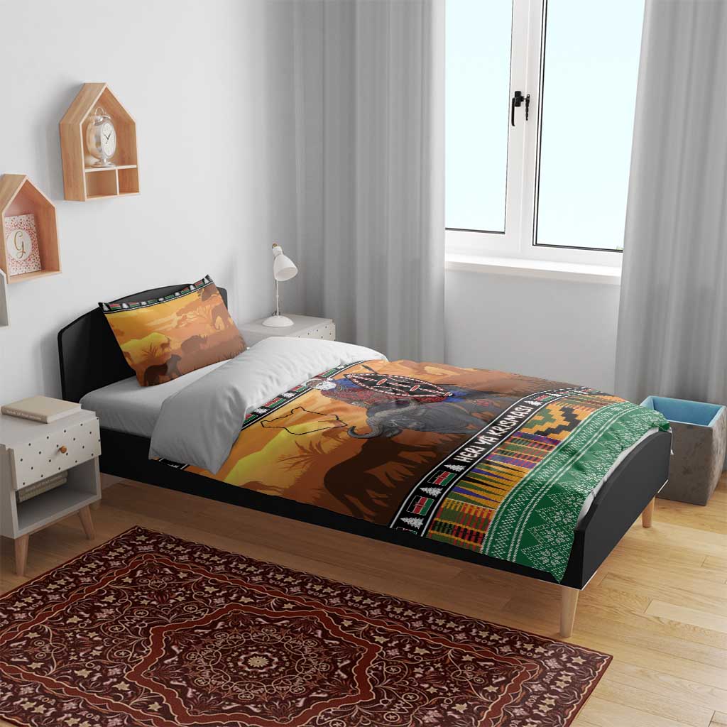 Afro Christmas in Kenya Safari Bedding Set Black Santa Riding Cape Buffalo - African Pride