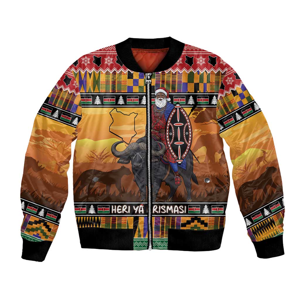 Afro Christmas in Kenya Safari Bomber Jacket Black Santa Riding Cape Buffalo - African Pride