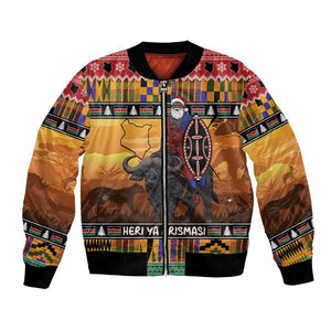 Afro Christmas in Kenya Safari Bomber Jacket Black Santa Riding Cape Buffalo - African Pride