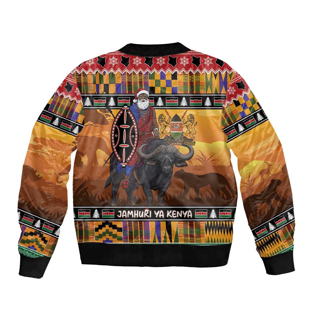Afro Christmas in Kenya Safari Bomber Jacket Black Santa Riding Cape Buffalo - African Pride