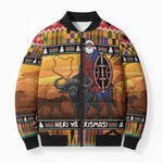 Kenya Safari Christmas Bomber Puffer Jacket Black Santa Riding Cape Buffalo - Heri ya Krismasi