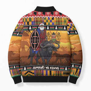 Kenya Safari Christmas Bomber Puffer Jacket Black Santa Riding Cape Buffalo - Heri ya Krismasi