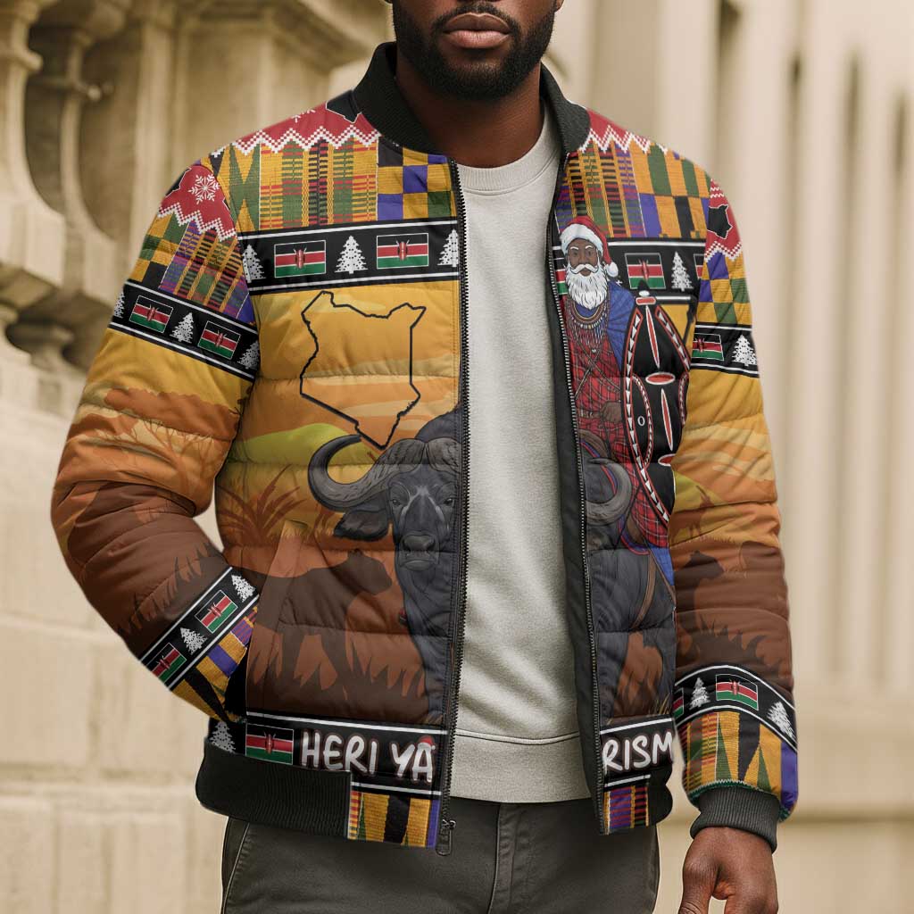 Kenya Safari Christmas Bomber Puffer Jacket Black Santa Riding Cape Buffalo - Heri ya Krismasi