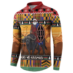 Kenya Safari Christmas Button Sweatshirt Black Santa Riding Cape Buffalo - Heri ya Krismasi