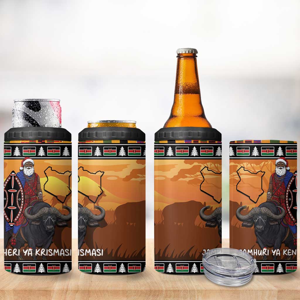 Afro Christmas in Kenya Safari 4 in 1 Can Cooler Tumbler Black Santa Riding Cape Buffalo - African Pride