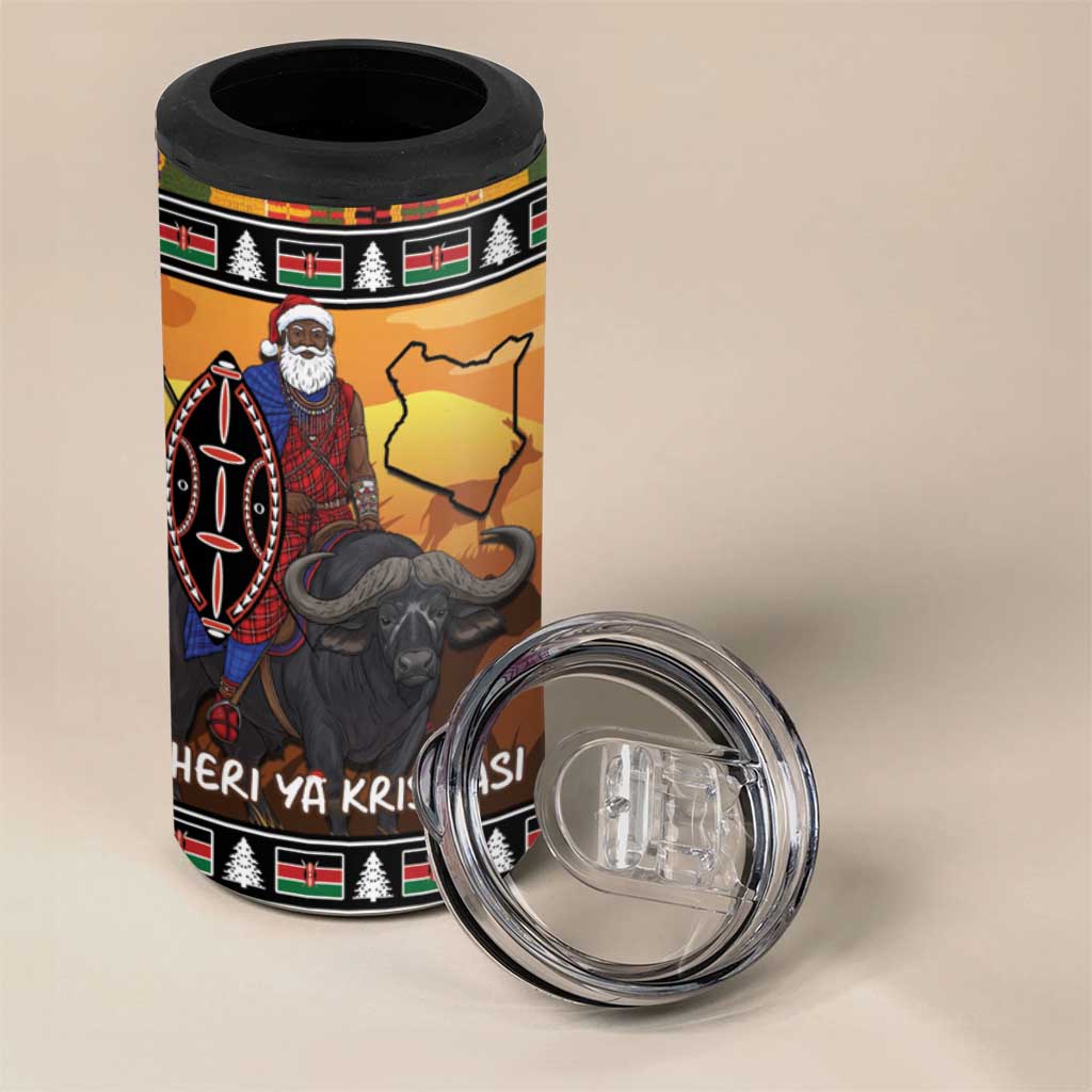 Afro Christmas in Kenya Safari 4 in 1 Can Cooler Tumbler Black Santa Riding Cape Buffalo - African Pride