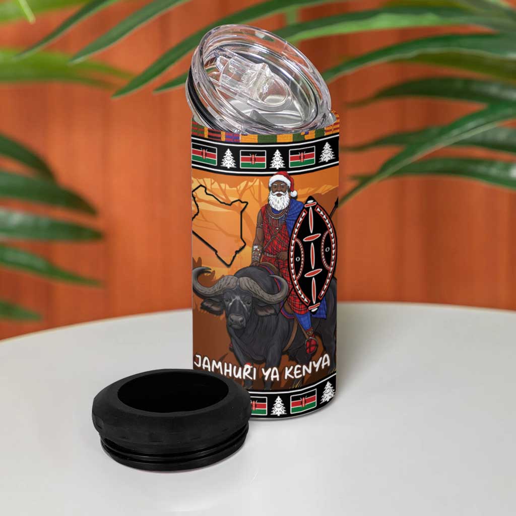 Afro Christmas in Kenya Safari 4 in 1 Can Cooler Tumbler Black Santa Riding Cape Buffalo - African Pride