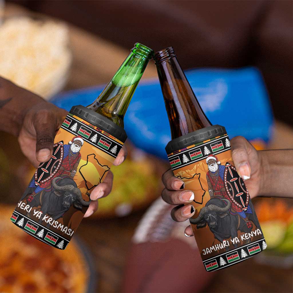 Afro Christmas in Kenya Safari 4 in 1 Can Cooler Tumbler Black Santa Riding Cape Buffalo - African Pride
