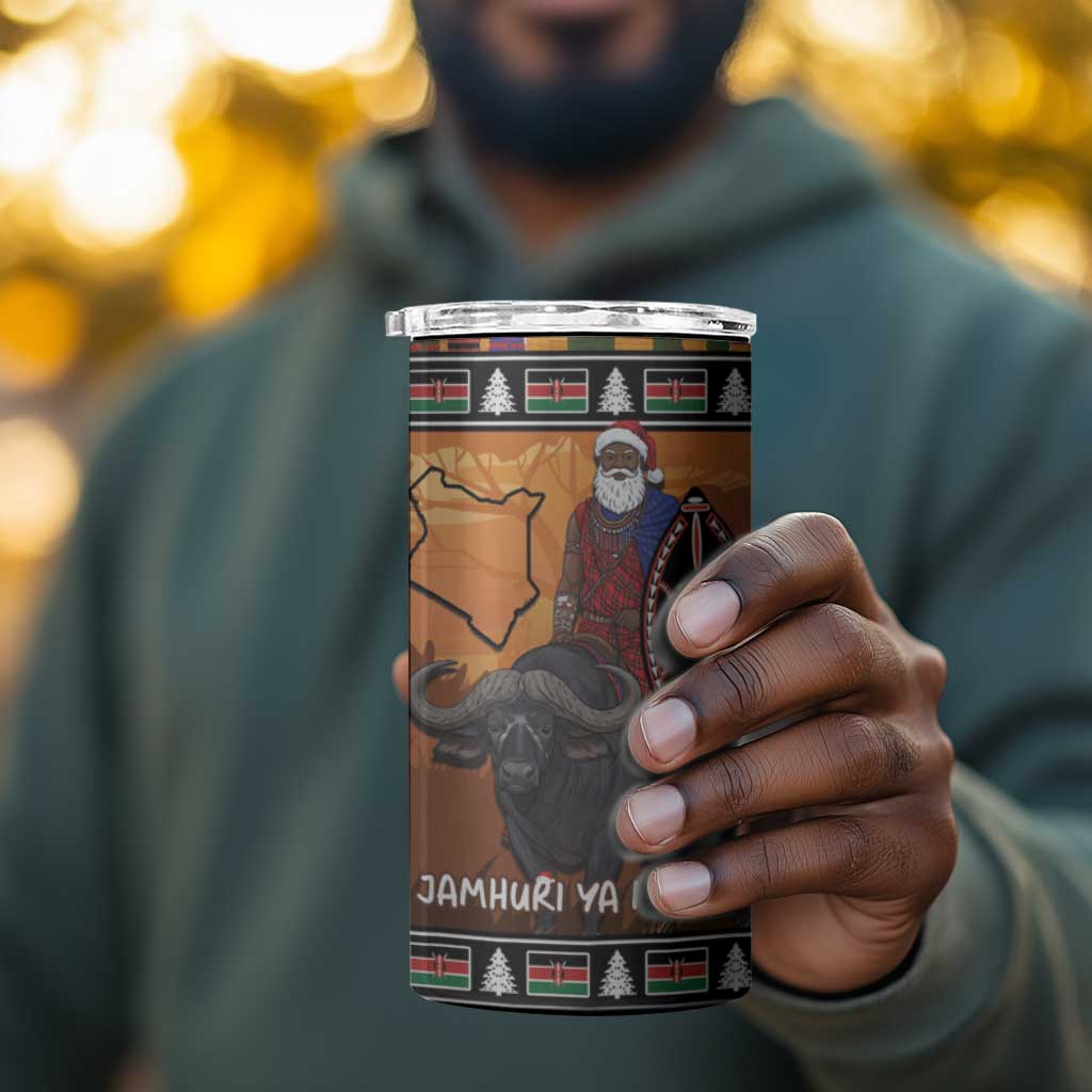 Afro Christmas in Kenya Safari 4 in 1 Can Cooler Tumbler Black Santa Riding Cape Buffalo - African Pride