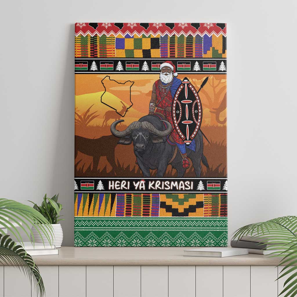 Afro Christmas in Kenya Safari Canvas Wall Art Black Santa Riding Cape Buffalo - African Pride