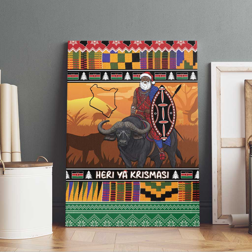 Afro Christmas in Kenya Safari Canvas Wall Art Black Santa Riding Cape Buffalo - African Pride
