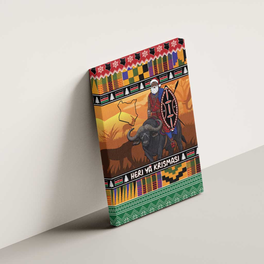 Afro Christmas in Kenya Safari Canvas Wall Art Black Santa Riding Cape Buffalo - African Pride