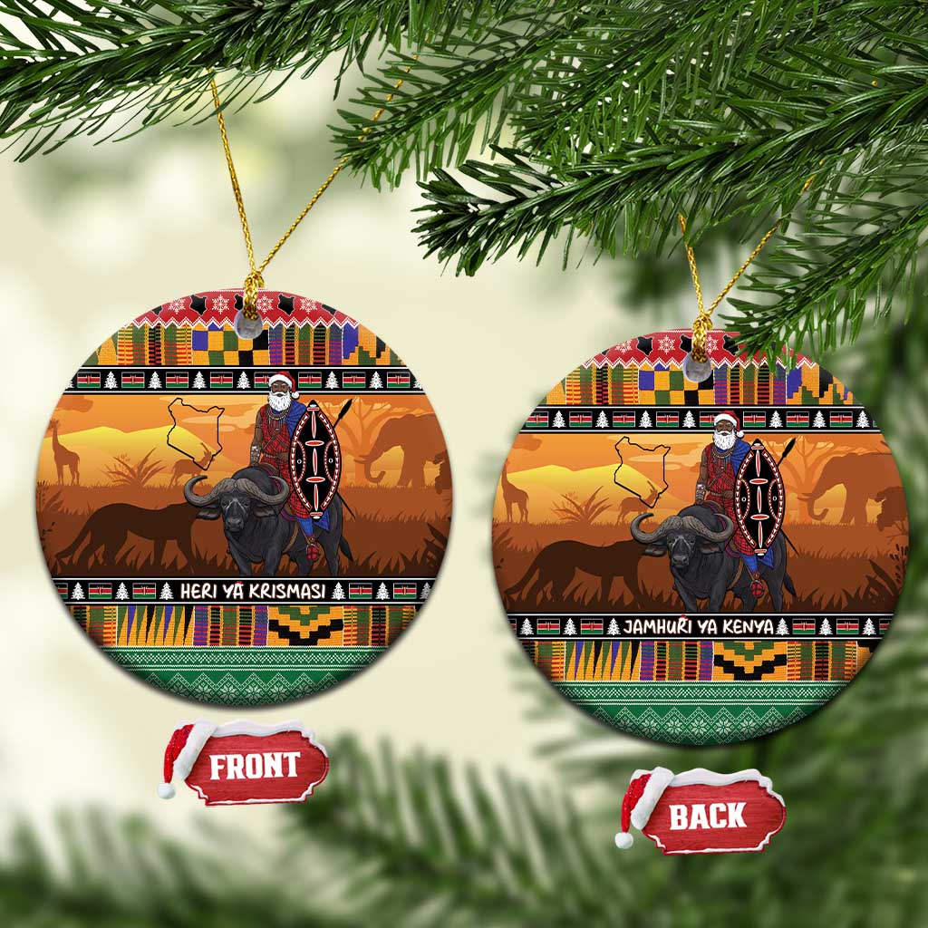 Afro Christmas in Kenya Safari Ceramic Ornament Black Santa Riding Cape Buffalo - African Pride
