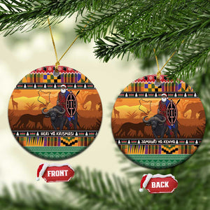 Afro Christmas in Kenya Safari Ceramic Ornament Black Santa Riding Cape Buffalo - African Pride