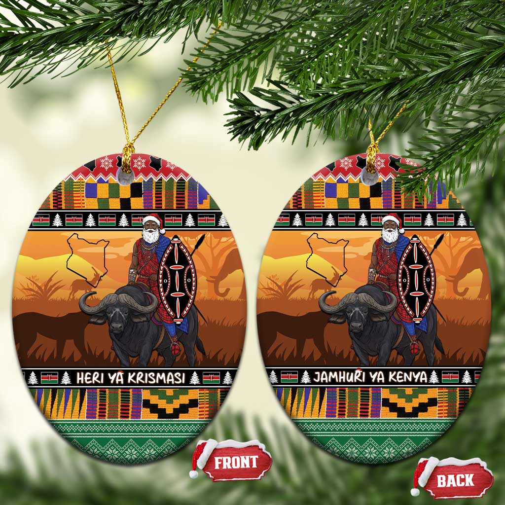 Afro Christmas in Kenya Safari Ceramic Ornament Black Santa Riding Cape Buffalo - African Pride