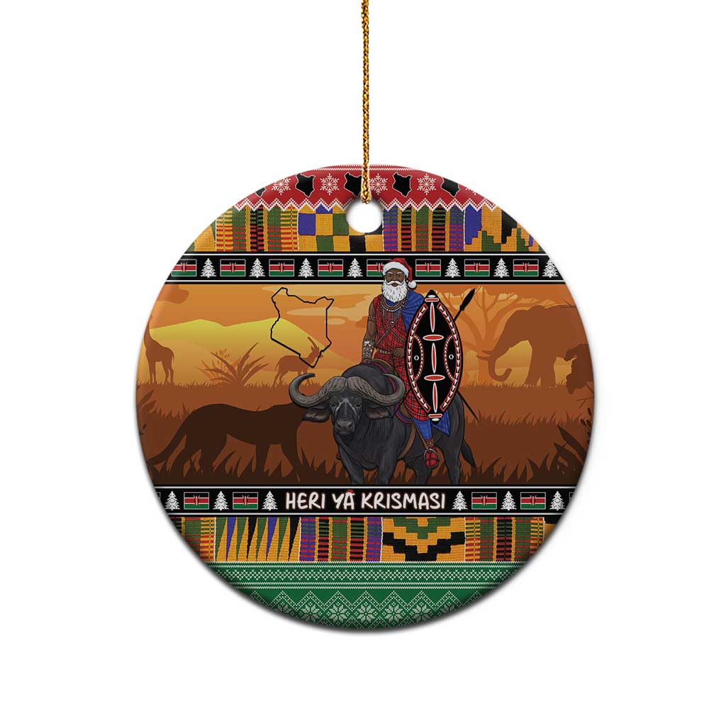 Afro Christmas in Kenya Safari Ceramic Ornament Black Santa Riding Cape Buffalo - African Pride