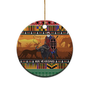 Afro Christmas in Kenya Safari Ceramic Ornament Black Santa Riding Cape Buffalo - African Pride