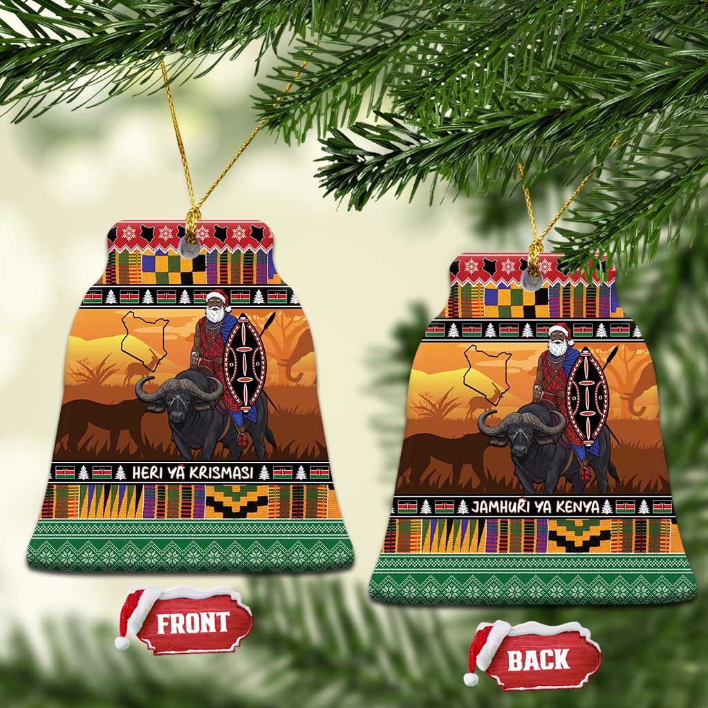 Afro Christmas in Kenya Safari Ceramic Ornament Black Santa Riding Cape Buffalo - African Pride