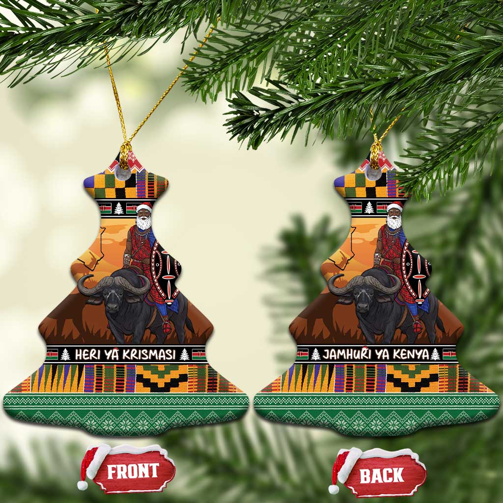 Afro Christmas in Kenya Safari Ceramic Ornament Black Santa Riding Cape Buffalo - African Pride