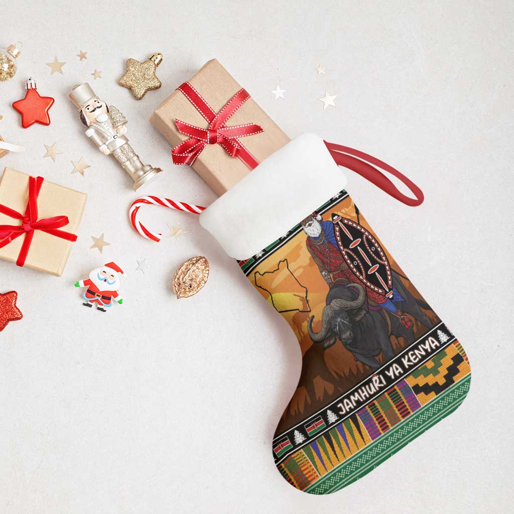 Afro Christmas in Kenya Safari Christmas Stocking Black Santa Riding Cape Buffalo - African Pride