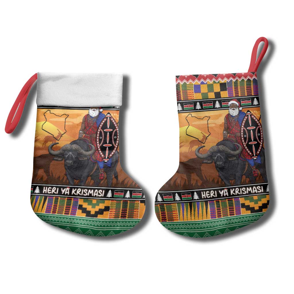 Afro Christmas in Kenya Safari Christmas Stocking Black Santa Riding Cape Buffalo - African Pride