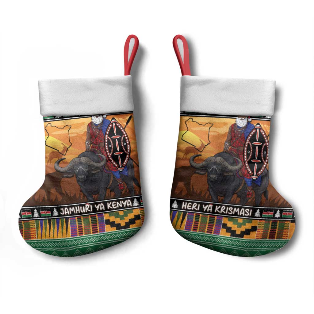 Afro Christmas in Kenya Safari Christmas Stocking Black Santa Riding Cape Buffalo - African Pride
