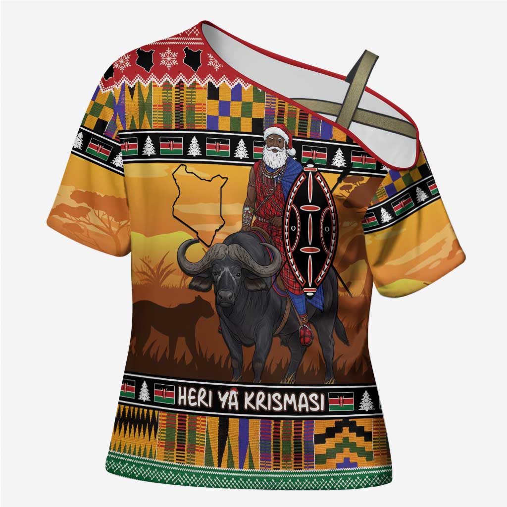 Kenya Safari Christmas Cross Shoulder Shirt Black Santa Riding Cape Buffalo - Heri ya Krismasi