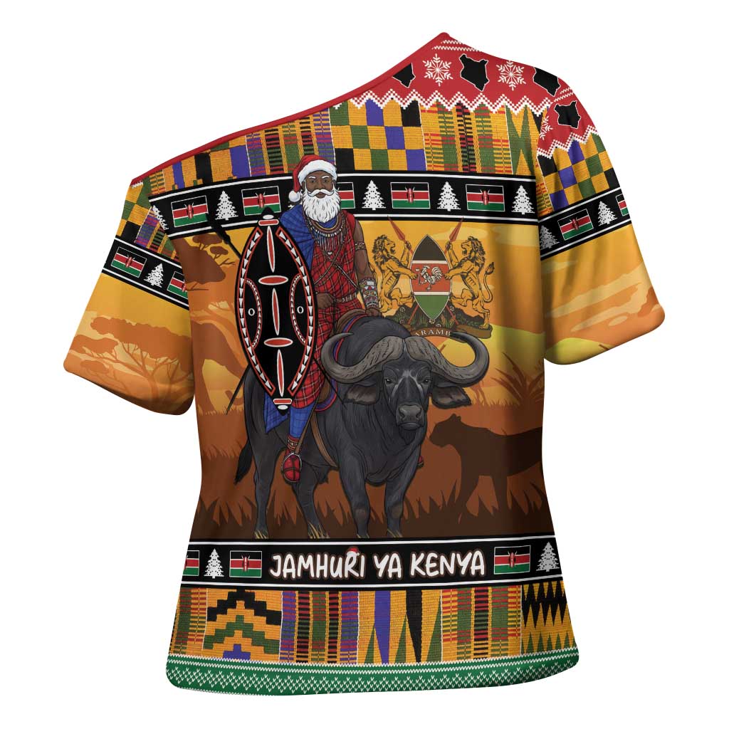 Kenya Safari Christmas Cross Shoulder Shirt Black Santa Riding Cape Buffalo - Heri ya Krismasi