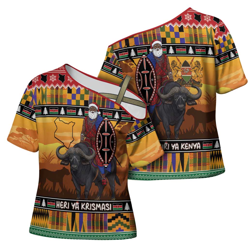 Kenya Safari Christmas Cross Shoulder Shirt Black Santa Riding Cape Buffalo - Heri ya Krismasi