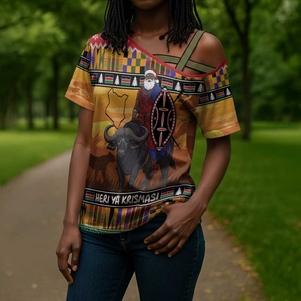 Kenya Safari Christmas Cross Shoulder Shirt Black Santa Riding Cape Buffalo - Heri ya Krismasi