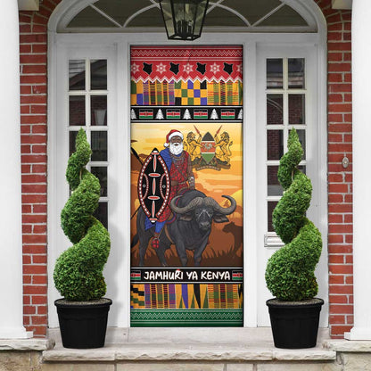 Kenya Safari Christmas Door Cover Black Santa Riding Cape Buffalo - Heri ya Krismasi
