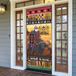 Kenya Safari Christmas Door Cover Black Santa Riding Cape Buffalo - Heri ya Krismasi