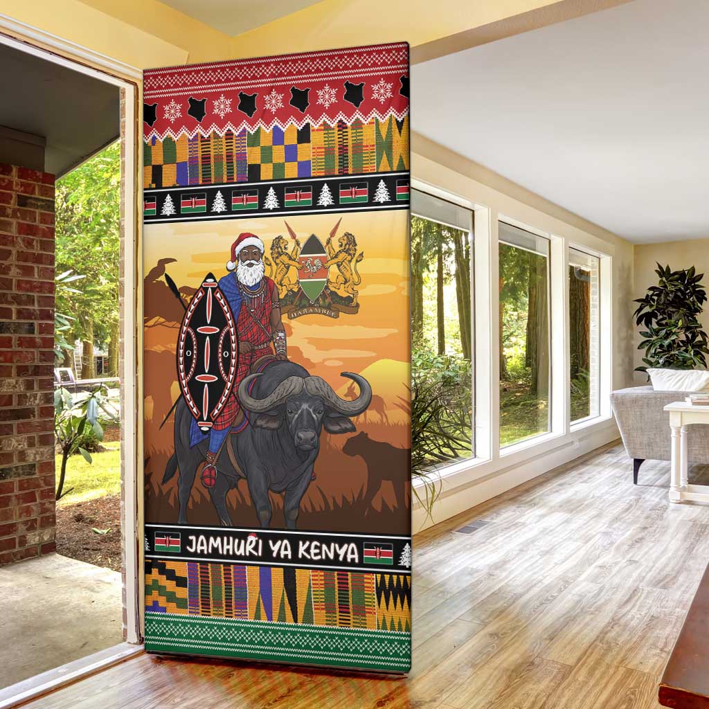 Kenya Safari Christmas Door Cover Black Santa Riding Cape Buffalo - Heri ya Krismasi