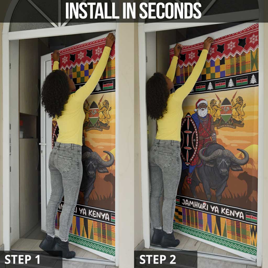 Kenya Safari Christmas Door Cover Black Santa Riding Cape Buffalo - Heri ya Krismasi