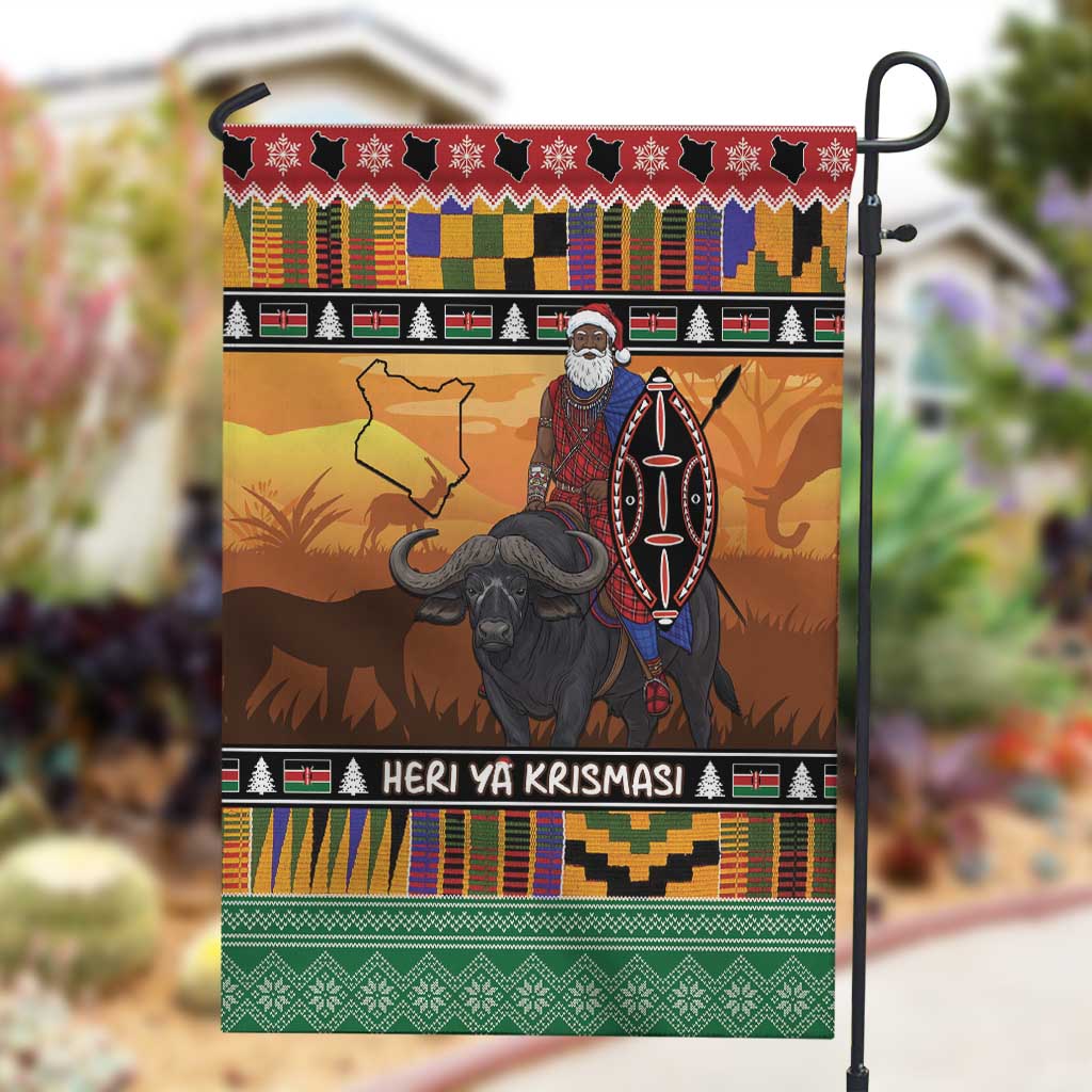 Afro Christmas in Kenya Safari Garden Flag Black Santa Riding Cape Buffalo - African Pride