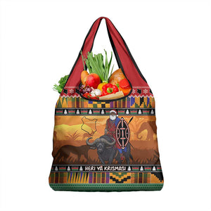 Afro Christmas in Kenya Safari Grocery Bag Black Santa Riding Cape Buffalo - African Pride