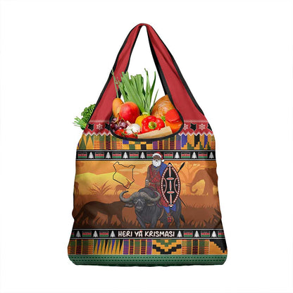 Afro Christmas in Kenya Safari Grocery Bag Black Santa Riding Cape Buffalo - African Pride