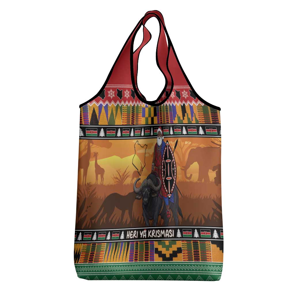 Afro Christmas in Kenya Safari Grocery Bag Black Santa Riding Cape Buffalo - African Pride