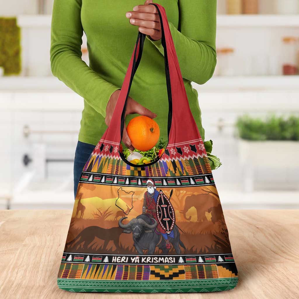 Afro Christmas in Kenya Safari Grocery Bag Black Santa Riding Cape Buffalo - African Pride