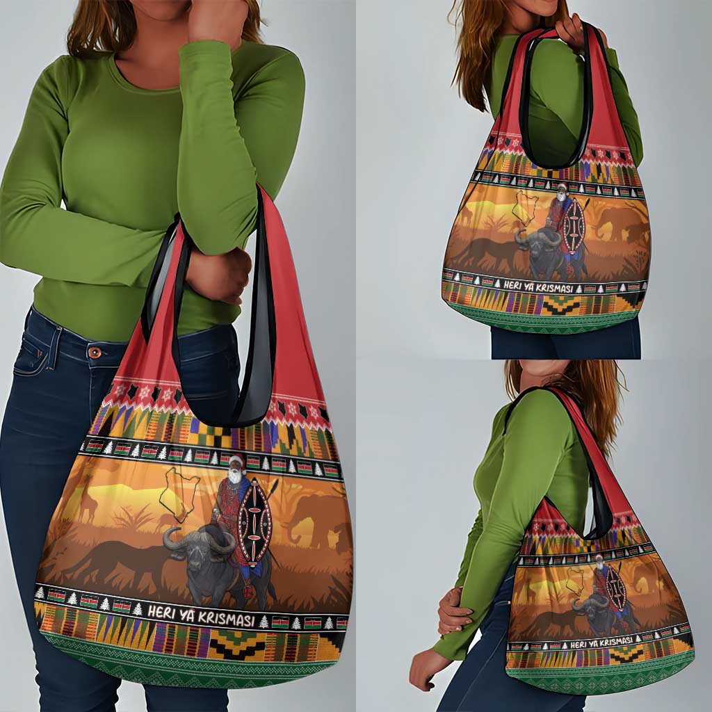 Afro Christmas in Kenya Safari Grocery Bag Black Santa Riding Cape Buffalo - African Pride