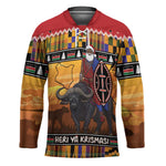 Kenya Safari Christmas Hockey Jersey Black Santa Riding Cape Buffalo - Heri ya Krismasi