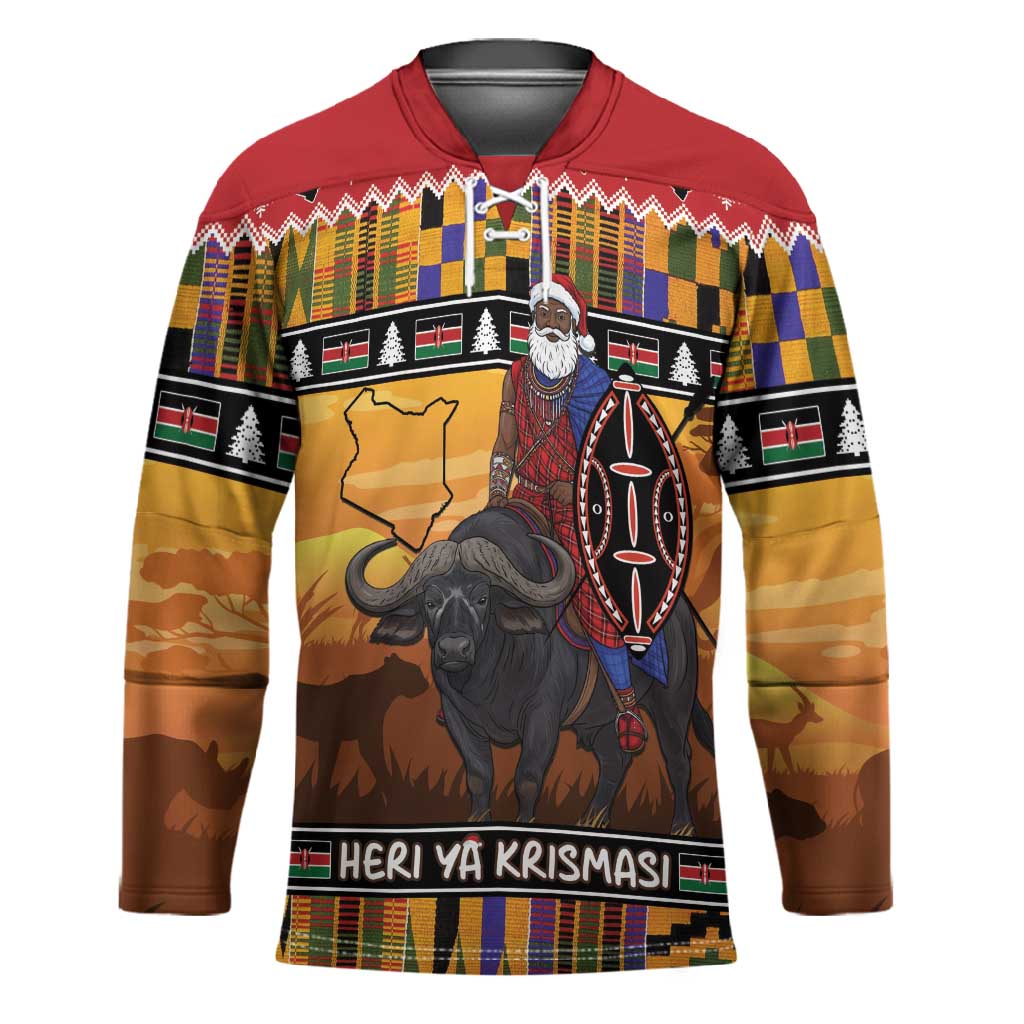 Kenya Safari Christmas Hockey Jersey Black Santa Riding Cape Buffalo - Heri ya Krismasi
