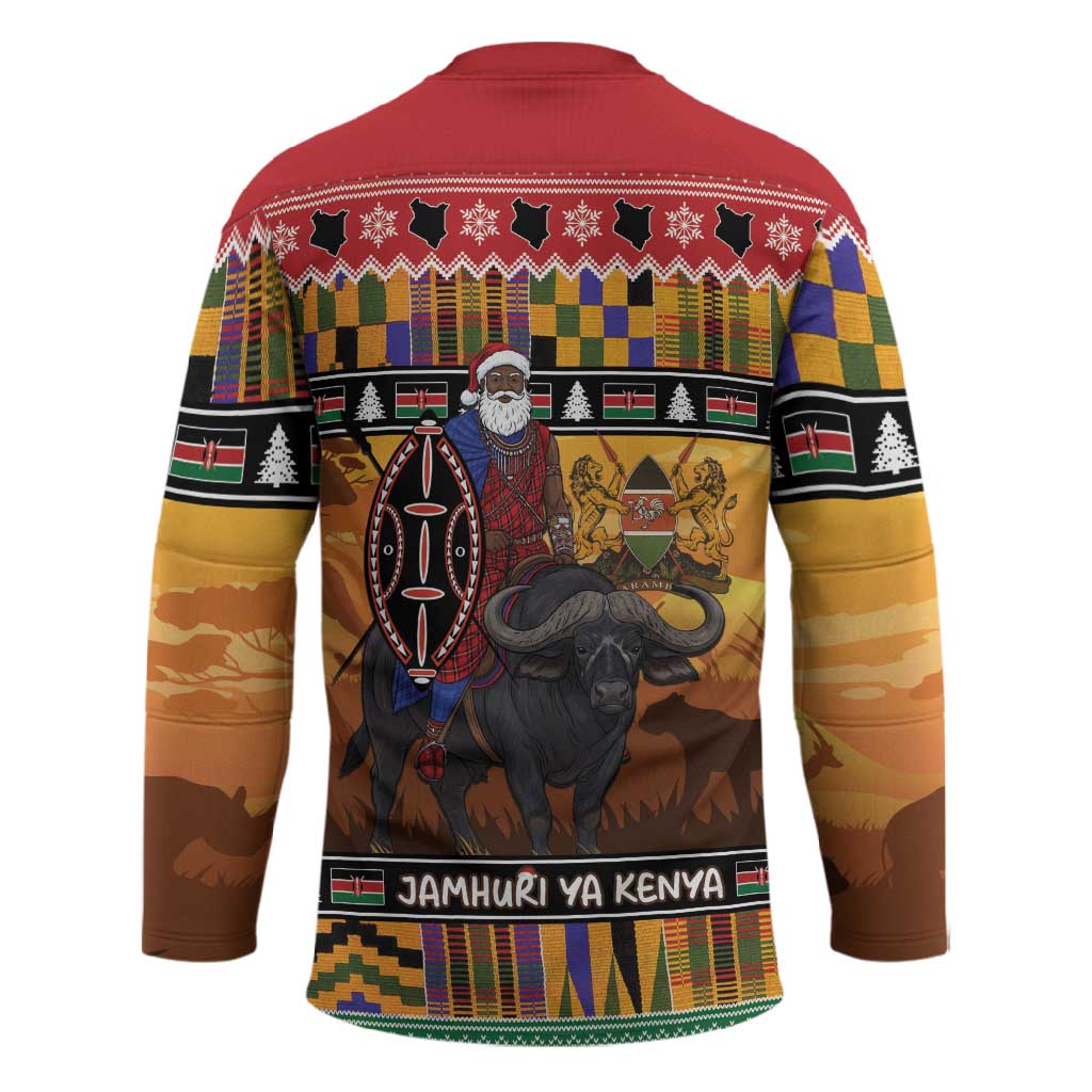 Kenya Safari Christmas Hockey Jersey Black Santa Riding Cape Buffalo - Heri ya Krismasi