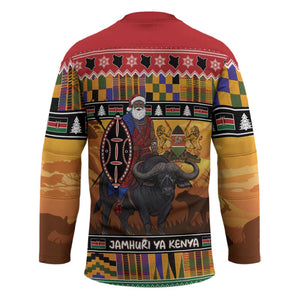 Kenya Safari Christmas Hockey Jersey Black Santa Riding Cape Buffalo - Heri ya Krismasi